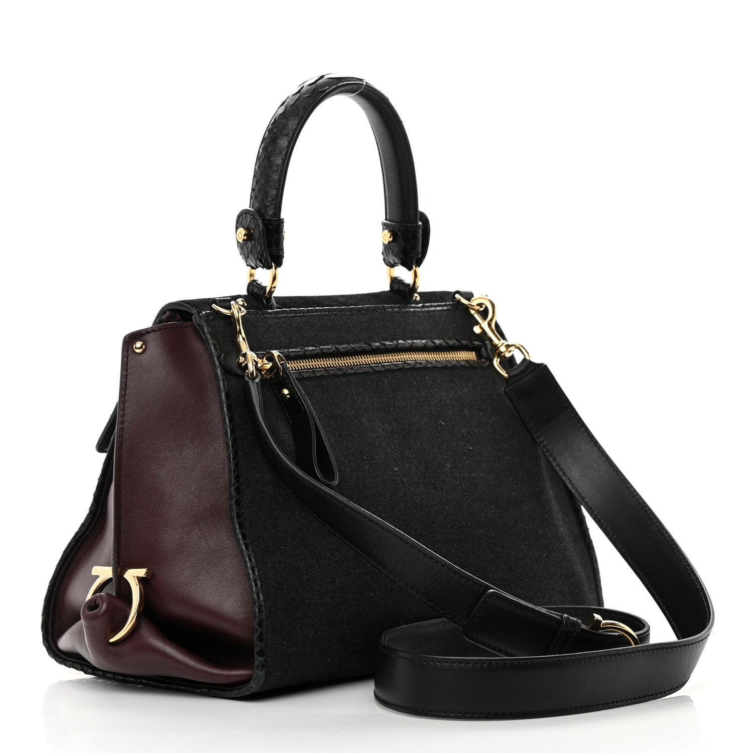Salvatore Ferragamo Calfskin Suede Snakeskin Small Sofia Satchel Black Burgundy 3 of 22