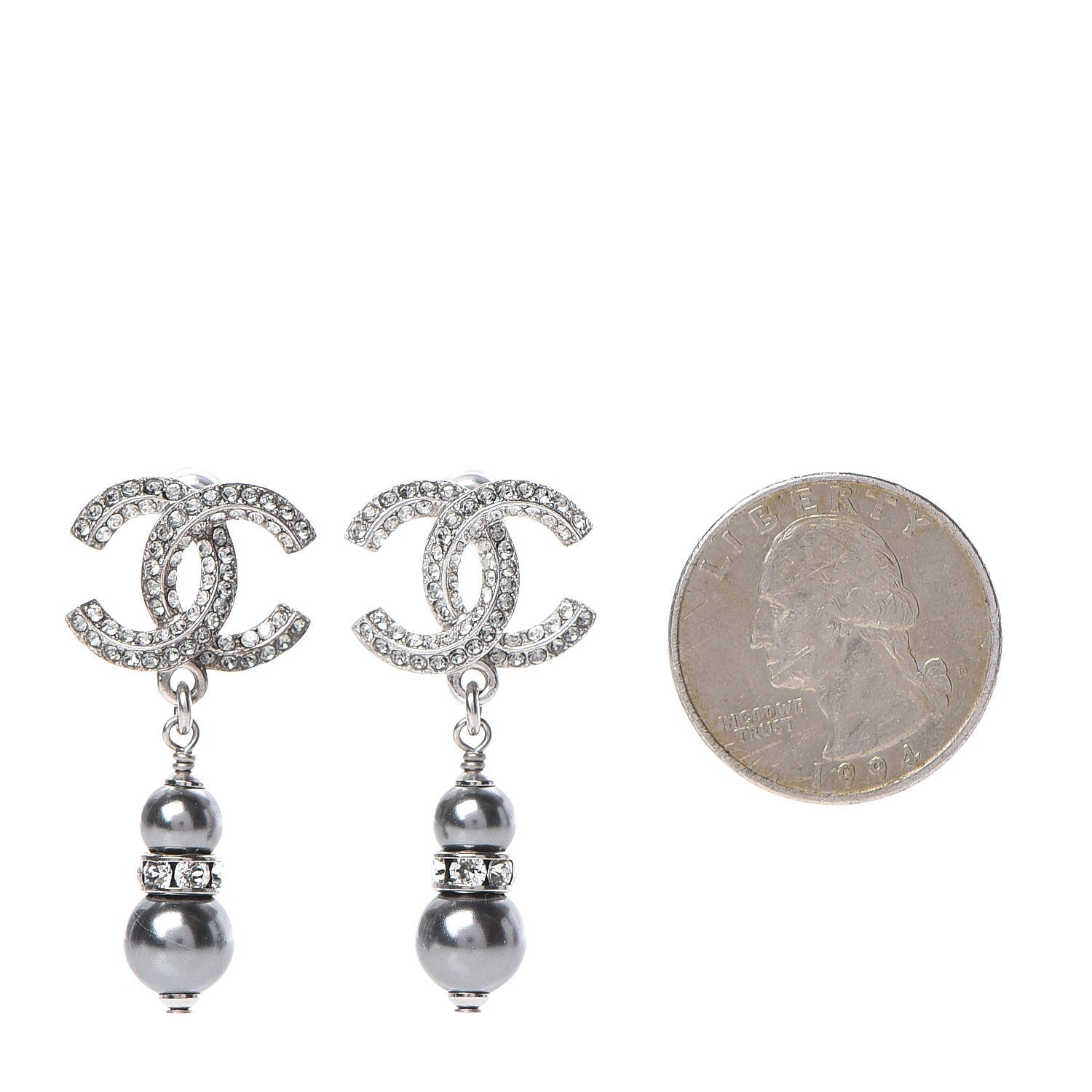 Chanel Crystal Pearl CC Drop Earrings Silver Grey 2 of 4