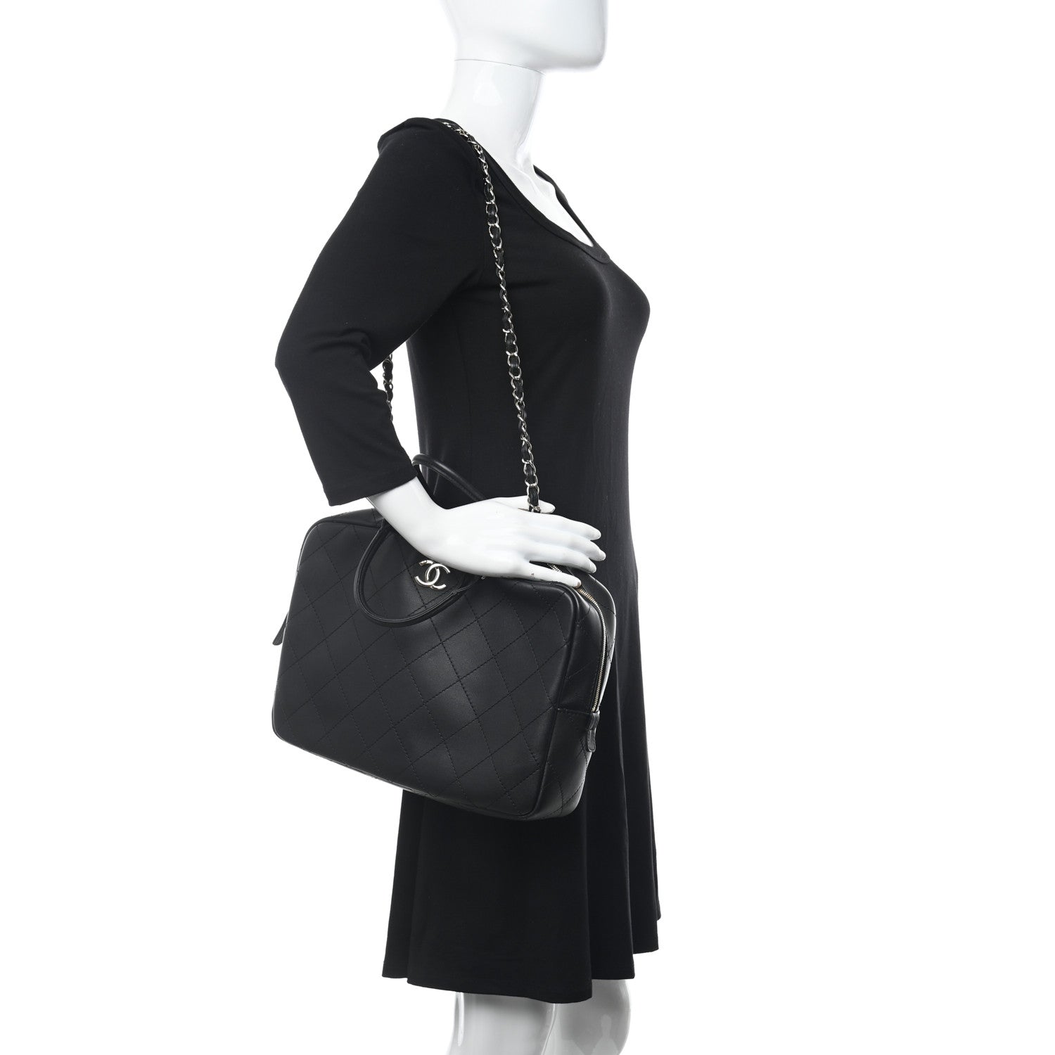 Chanel Calfskin Diamond Stitched Top Handle Bowling Bag Black 2 of 10
