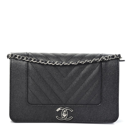 Chanel Caviar Chevron Quilted Vintage Mademoiselle Wallet On Chain WOC Charcoal 1 of 10