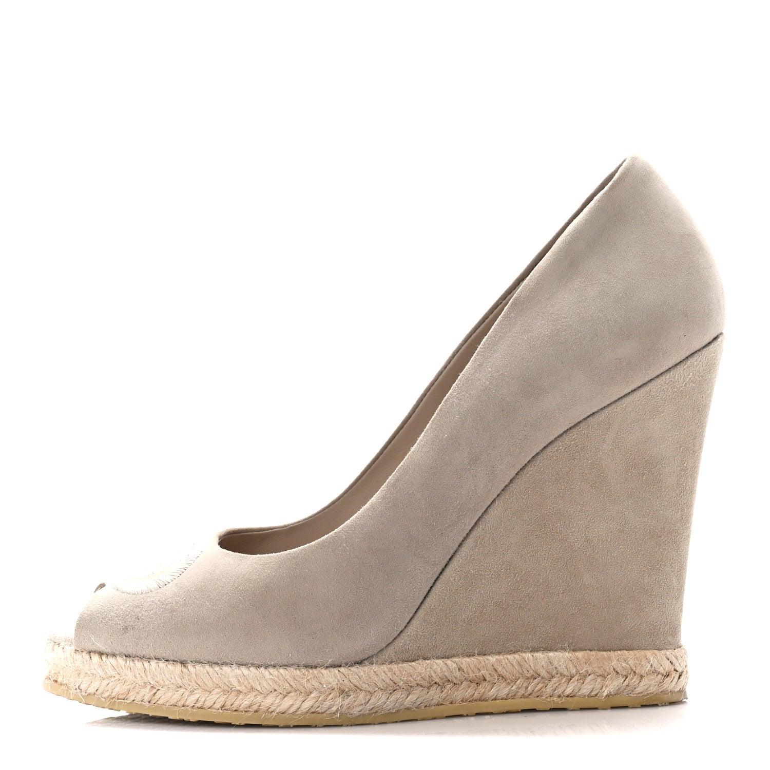 Gucci Kid Scamosciato Interlocking G Espadrille Peep Toe Wedge Sandals 37.5 Oatmeal 1 of 8