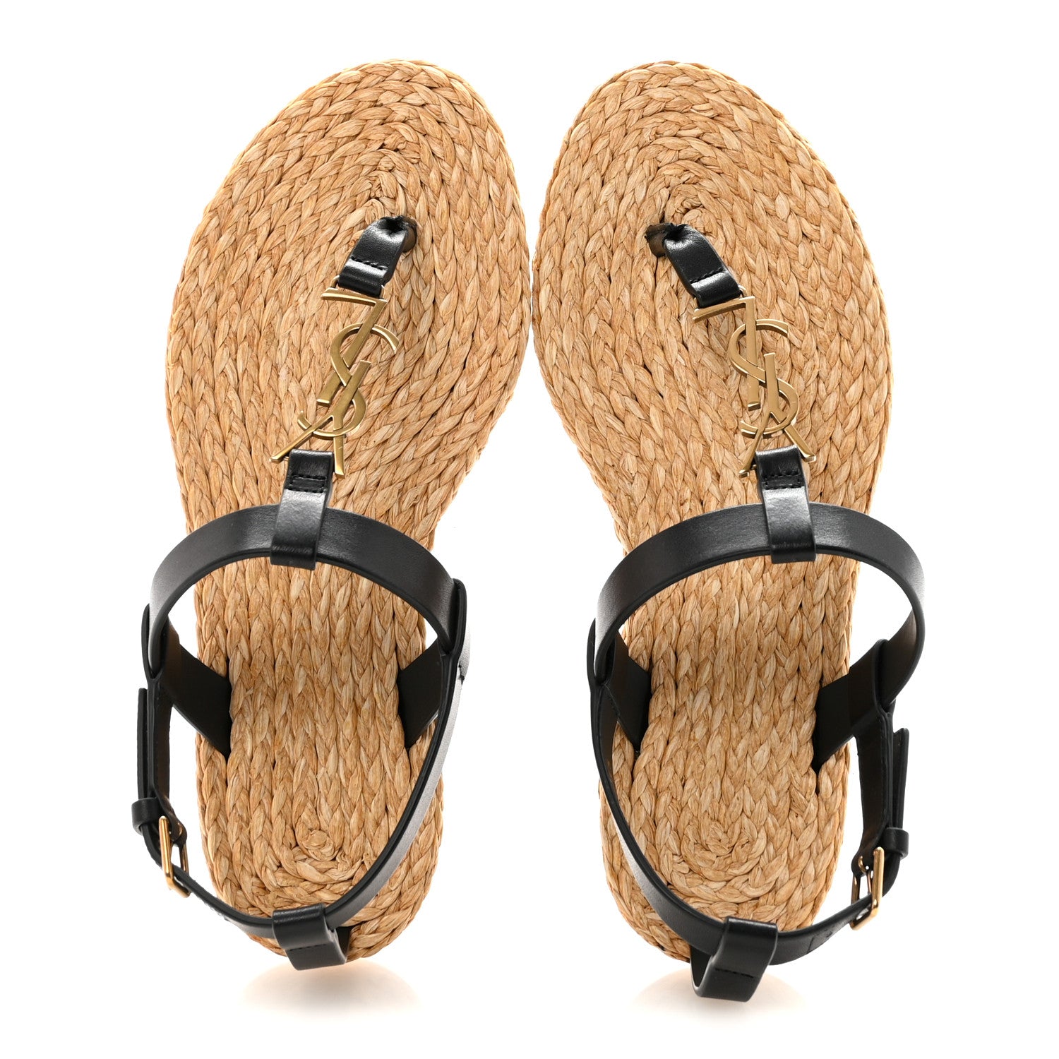 Saint Laurent Calfskin Raffia Cassandra Monogram Sandals 35 Black 2 of 9