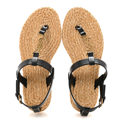 Saint Laurent Calfskin Raffia Cassandra Monogram Sandals 35 Black 2 of 9
