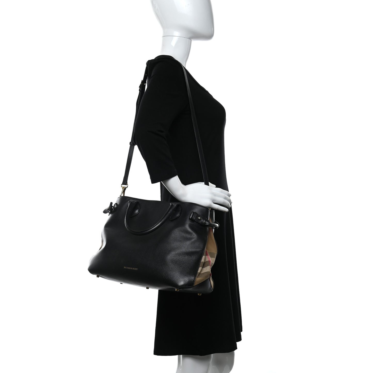 Grainy Calfskin House Check Medium Banner Tote Black