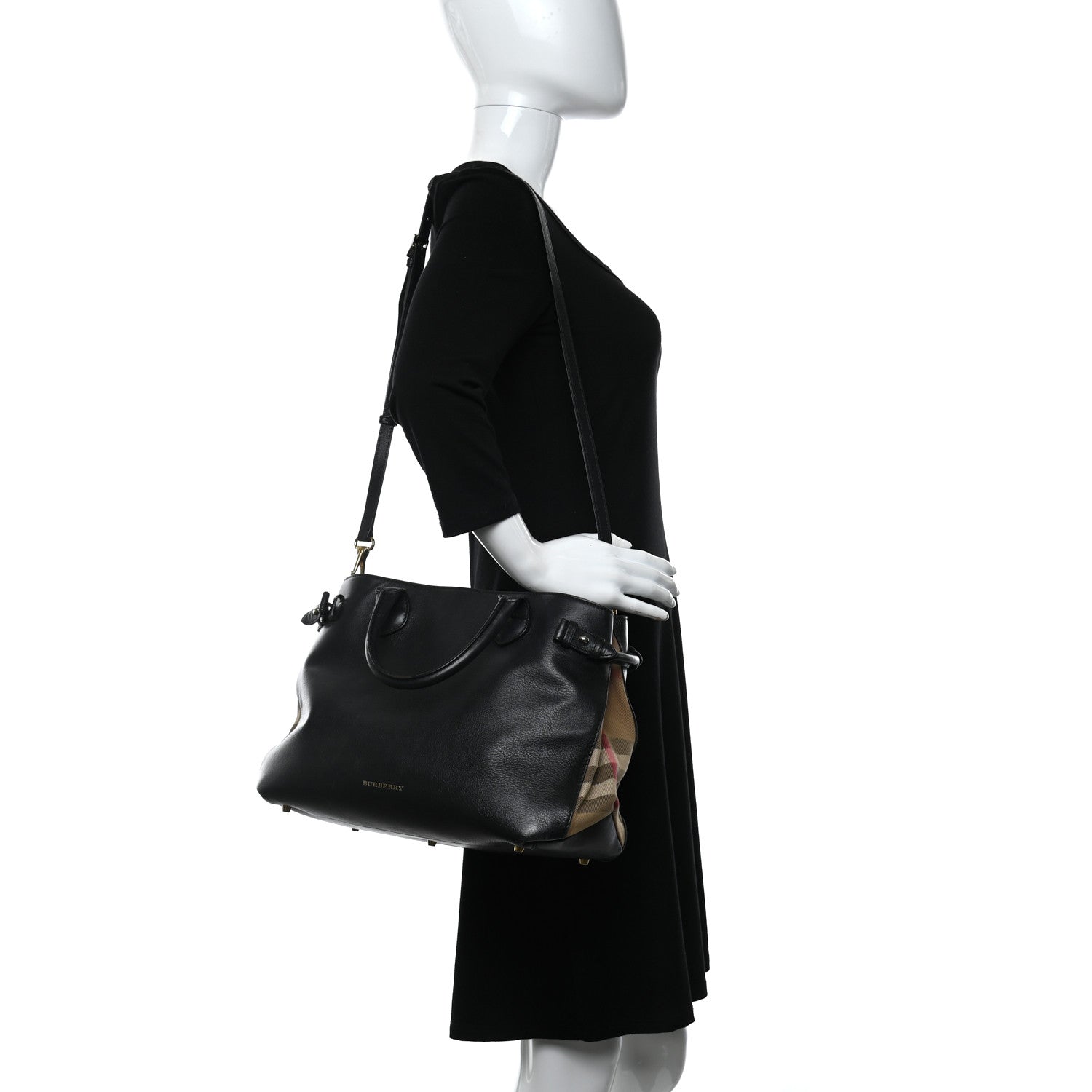 Burberry Grainy Calfskin House Check Medium Banner Tote Black 2 of 10