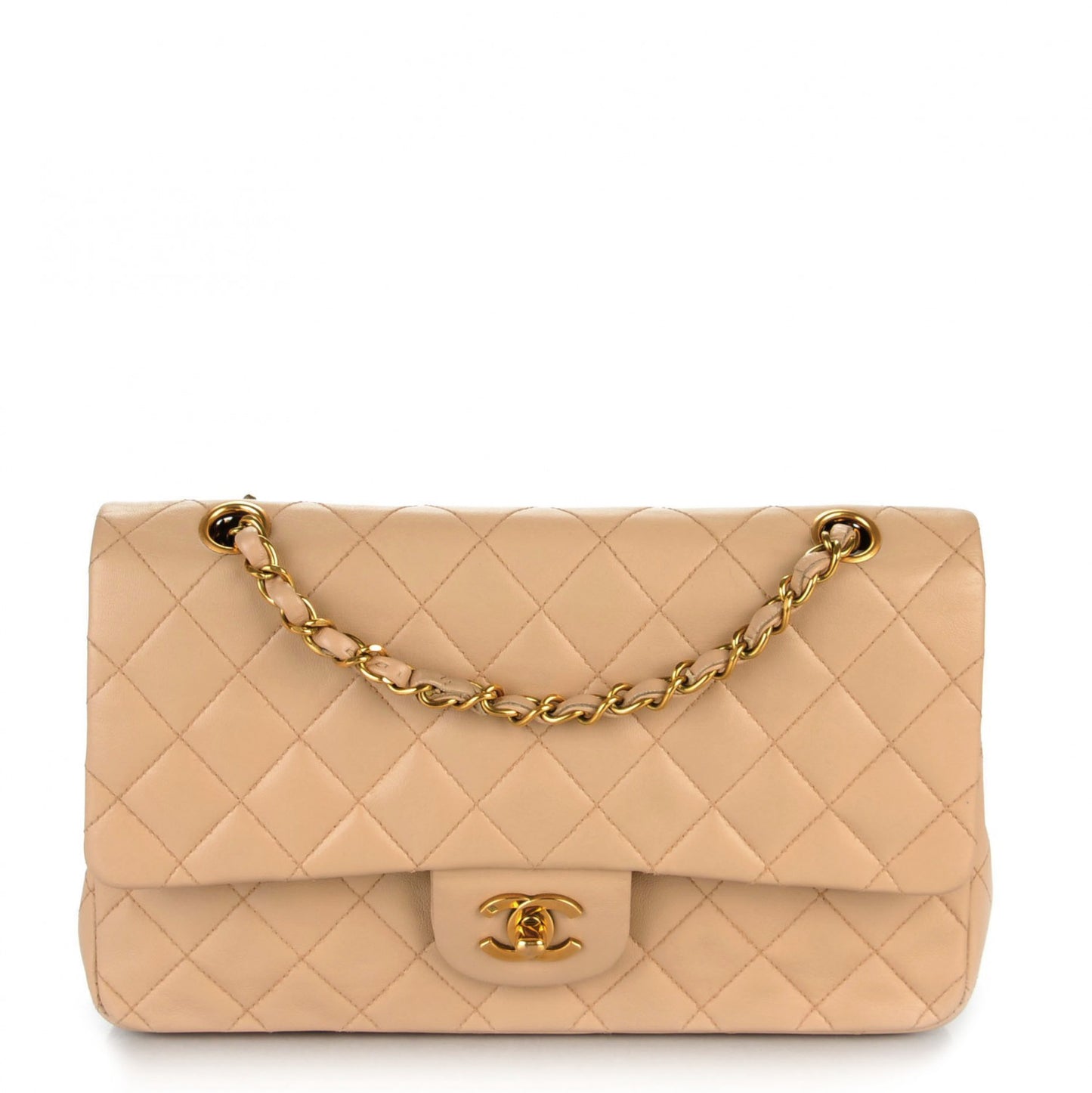 Lambskin Quilted Medium Double Flap Beige