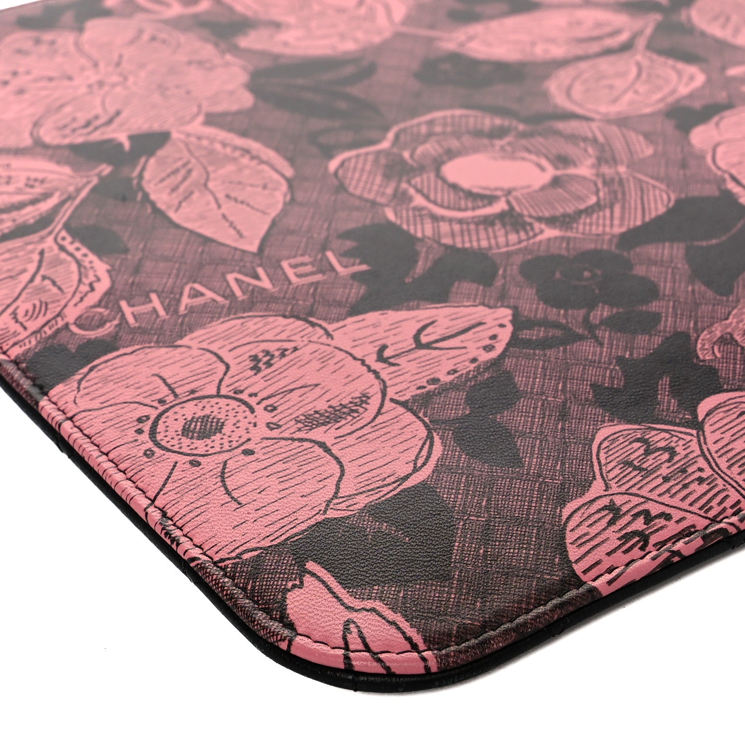 Chanel Coated Canvas Lambskin Quilted Large Camellia Cosmetic Case Pink Black 9 of 10