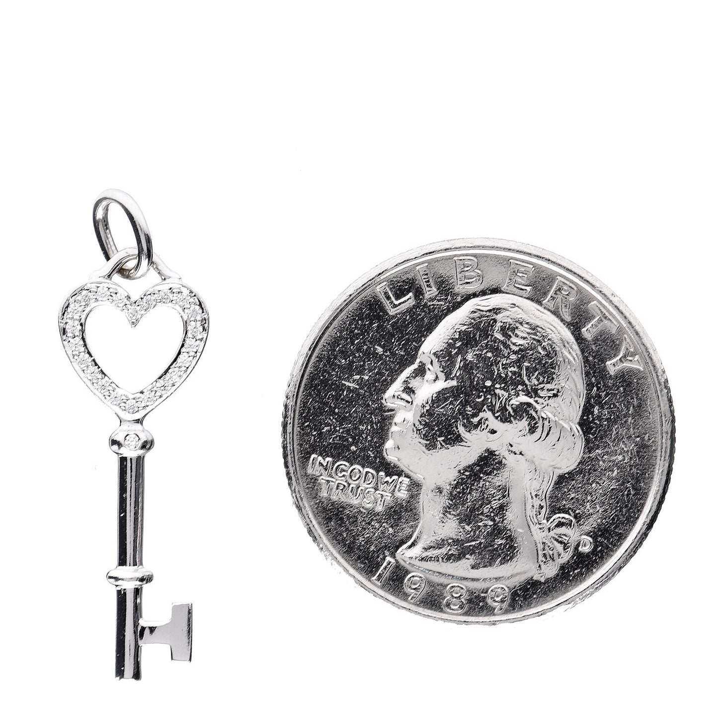 18K White Gold Diamond Mini Heart Key Charm Pendant