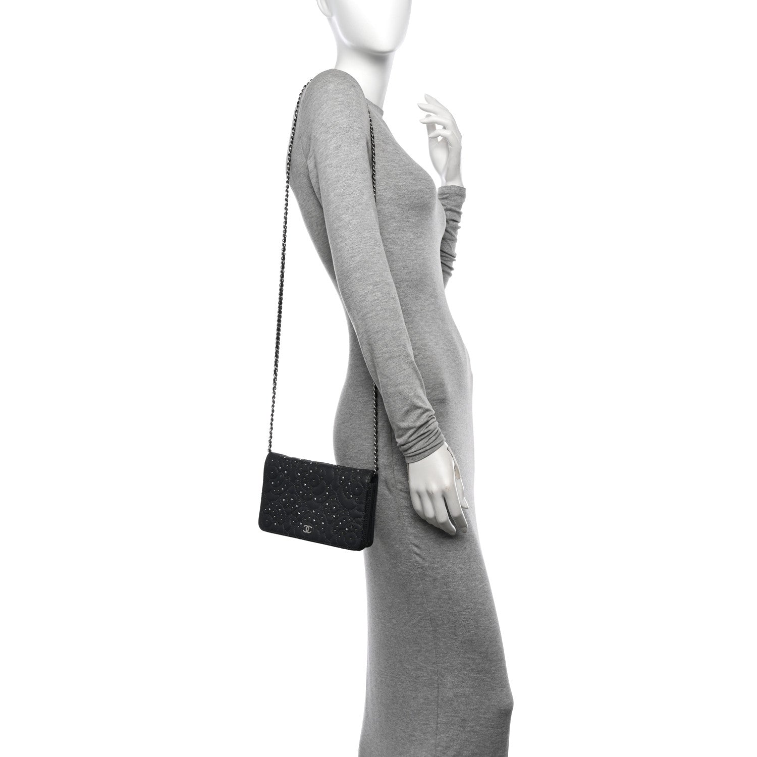 Chanel Lambskin Camellia Studded Wallet on Chain WOC Grey 2 of 18
