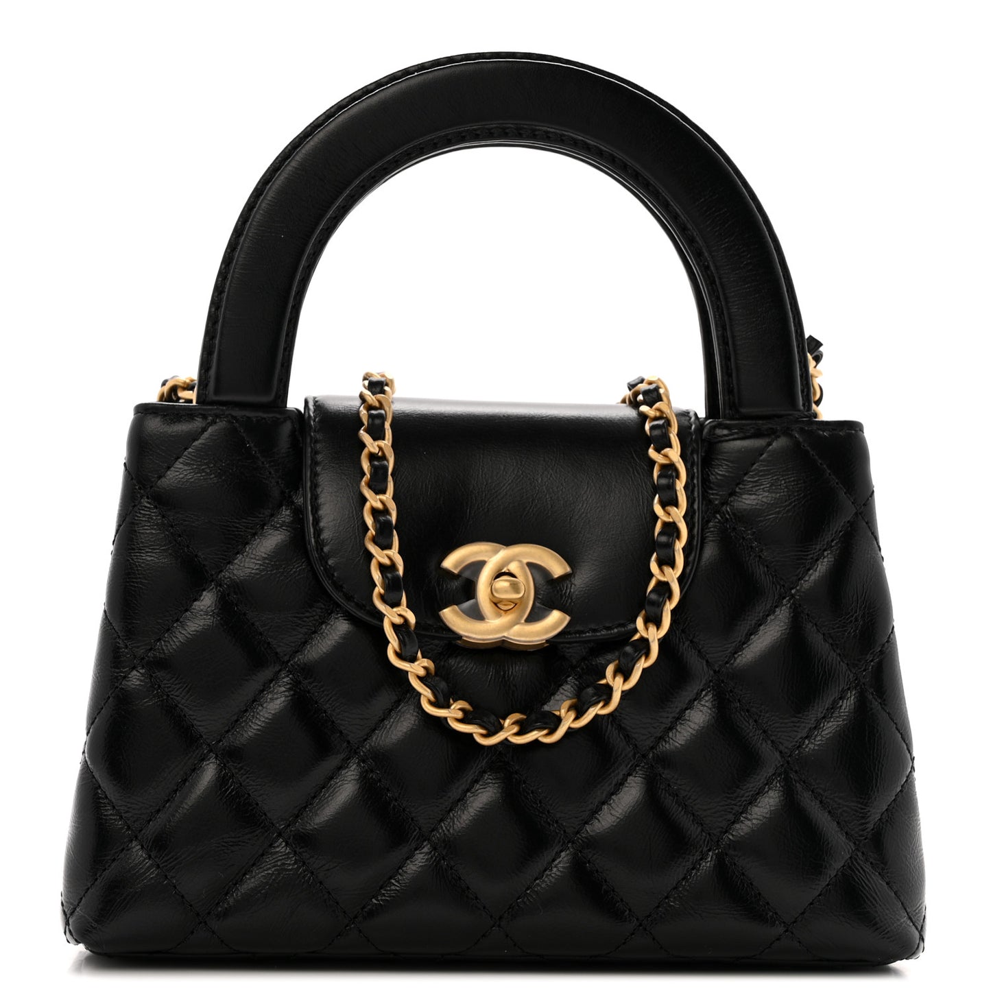 Shiny Aged Calfskin Quilted Nano Kelly Shopper Black