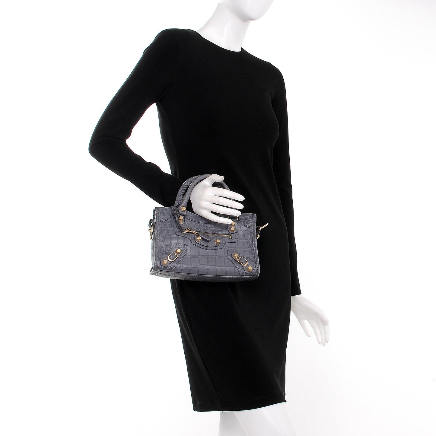 Calfskin Crocodile Embossed Giant 12 Gold Hardware Mini City Gris Beton
