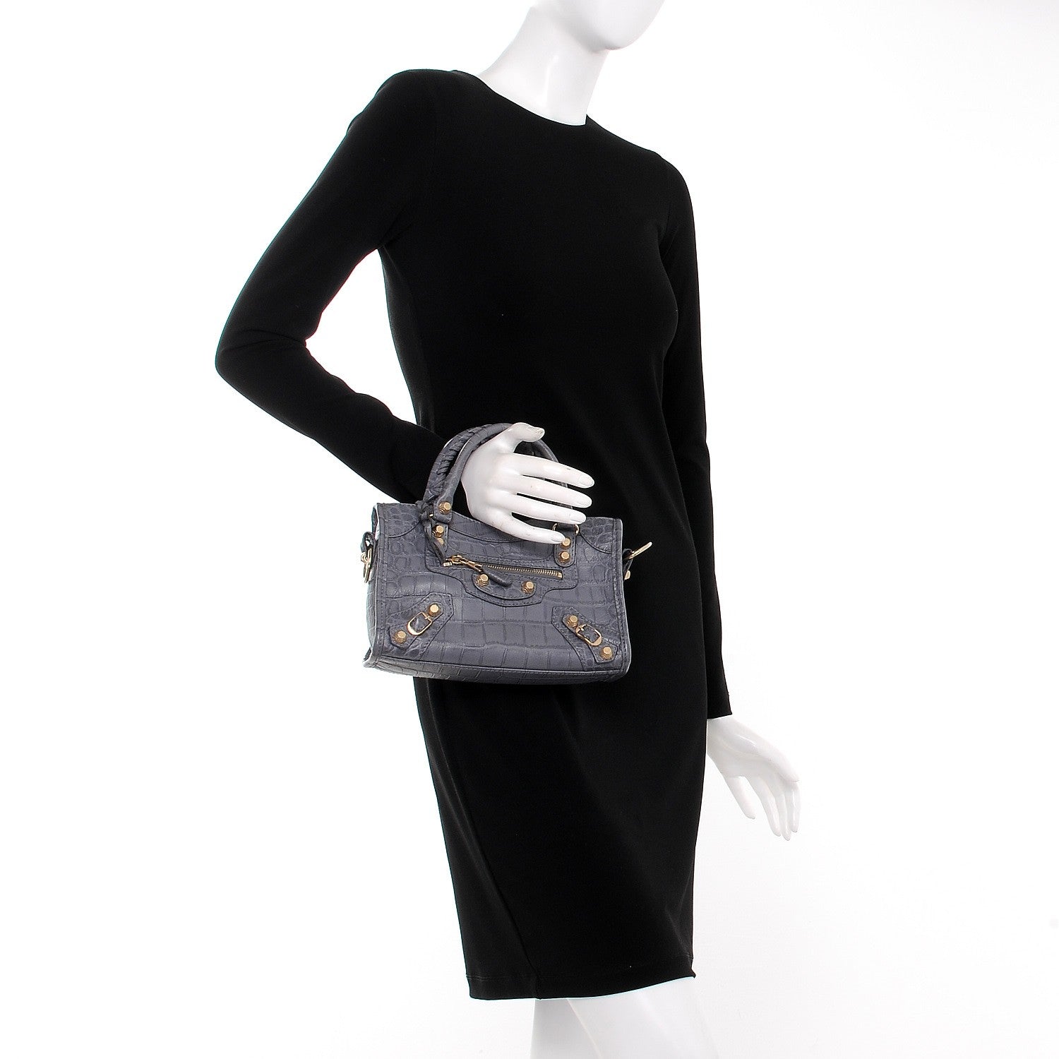 Balenciaga Calfskin Crocodile Embossed Giant 12 Gold Hardware Mini City Gris Beton 3 of 9