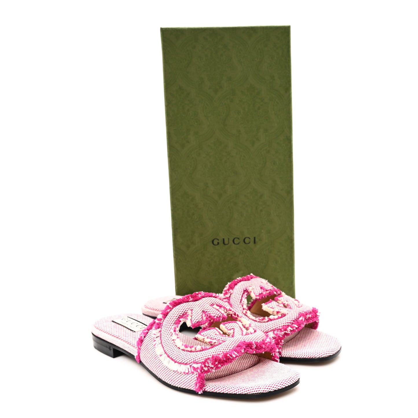 Fringed Canvas Interlocking G Cut Out Slide Sandals 37 Princess Fuxia Natural