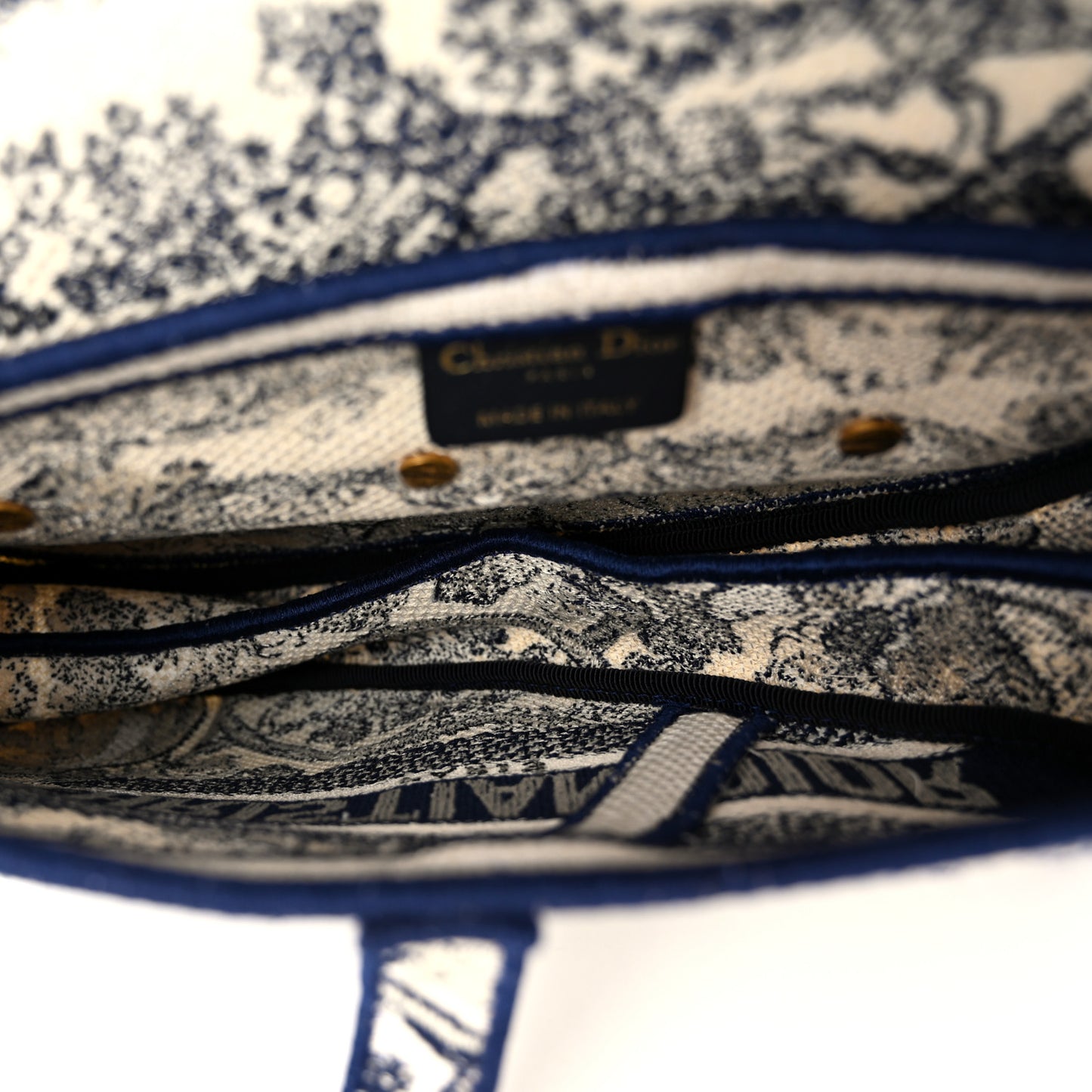 Canvas Embroidered Toile de Jouy Saddle Bag Blue