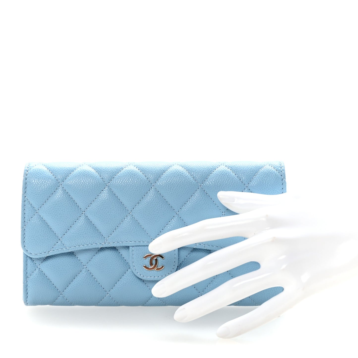 Caviar Quilted Large Gusset Flap Wallet Light Blue