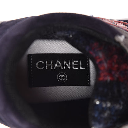 Chanel Tweed Suede Calfskin Womens CC Sneakers 38 Grey Red Navy 6 of 7