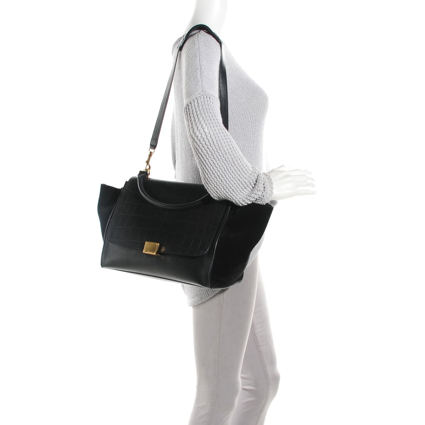 Crocodile Embossed Calfskin Suede Medium Trapeze Black