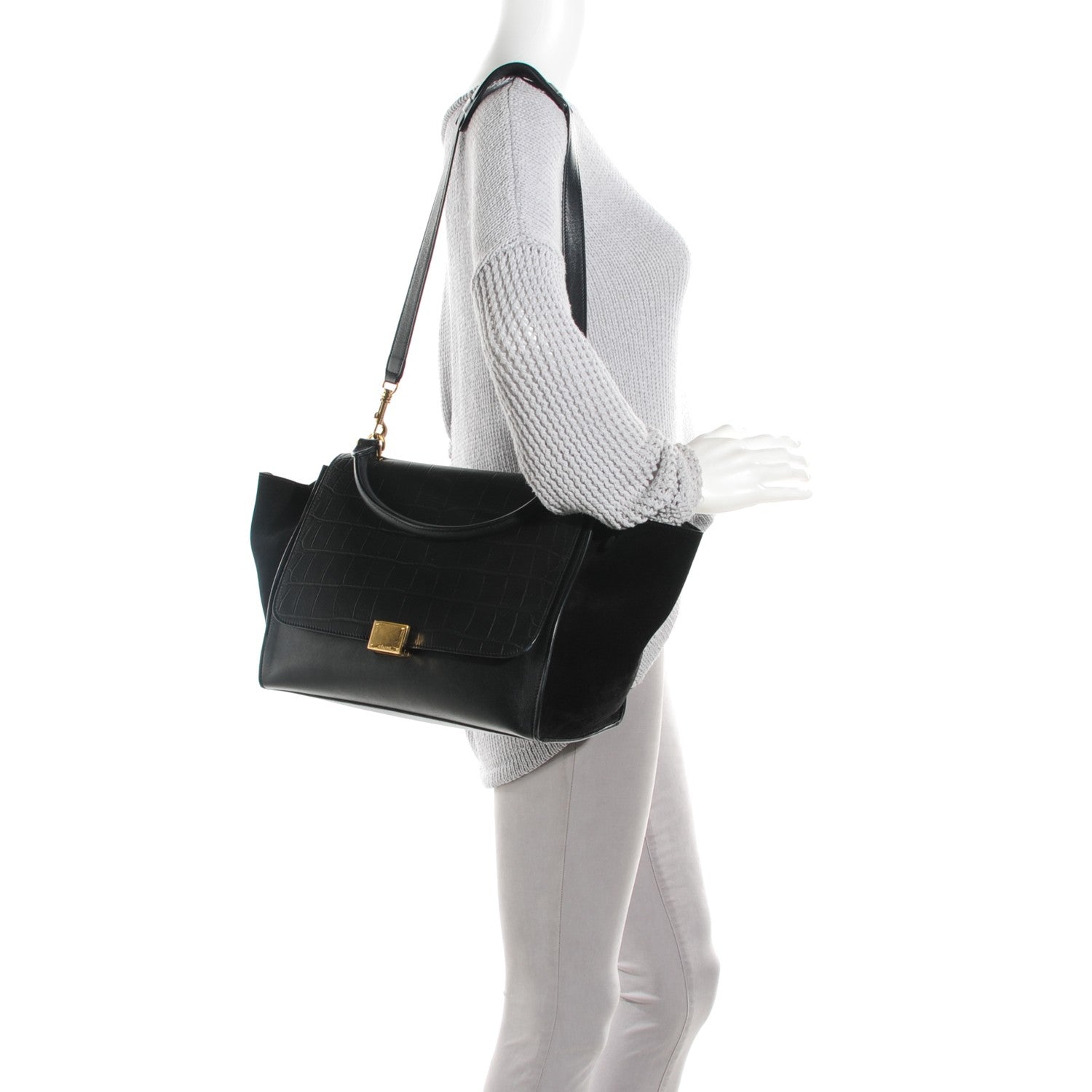 Celine Crocodile Embossed Calfskin Suede Medium Trapeze Black 2 of 7