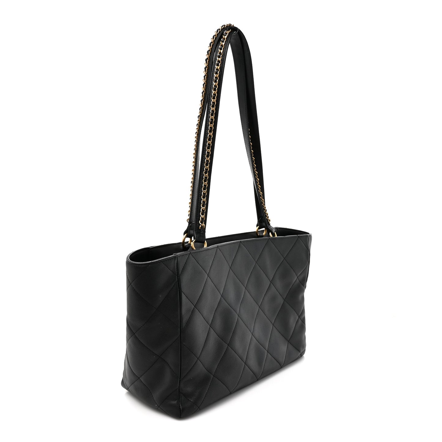 Calfskin Quilted Book Pocket Shopping Tote Black