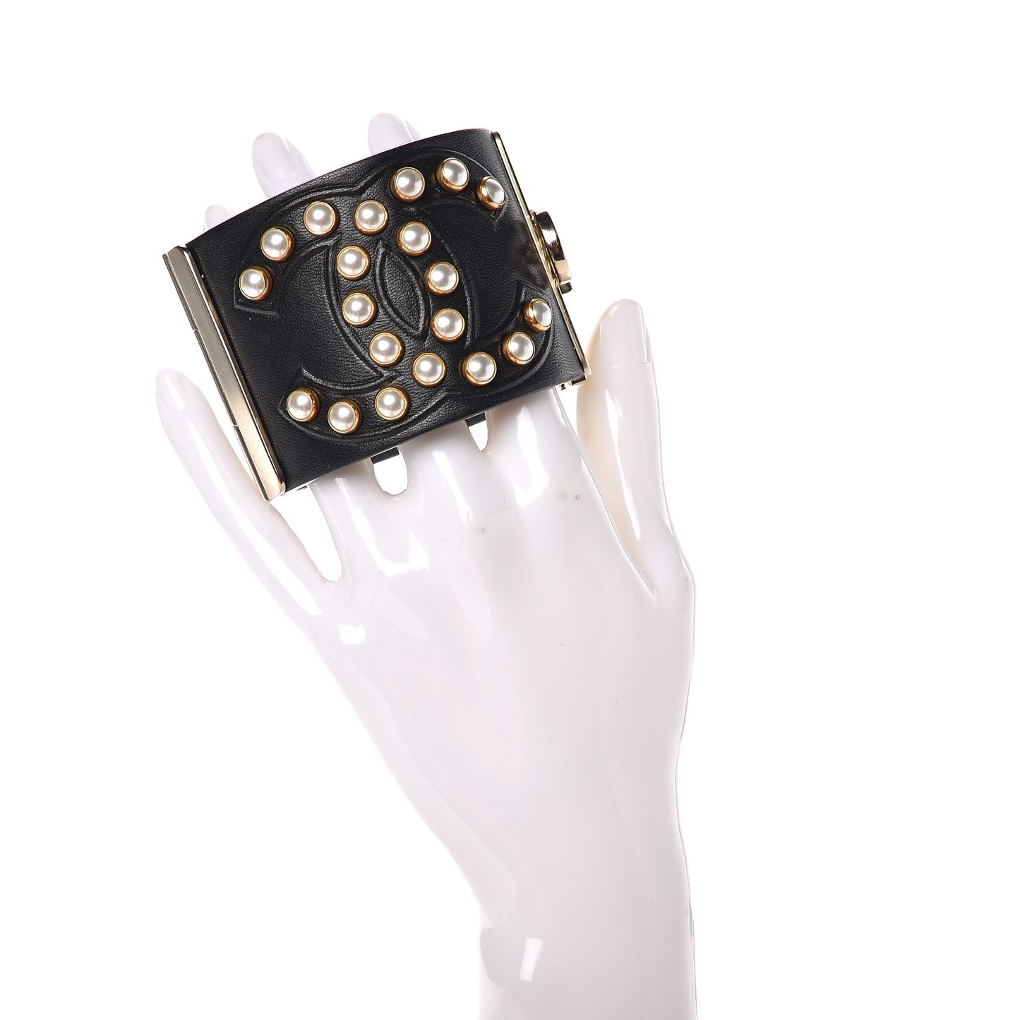 Lambskin Calfskin Pearl CC Cuff Bracelet Black Gold