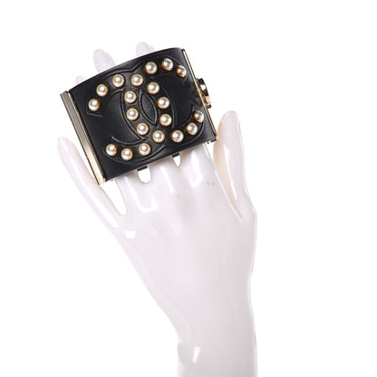 Chanel Lambskin Calfskin Pearl CC Cuff Bracelet Black Gold 2 of 7