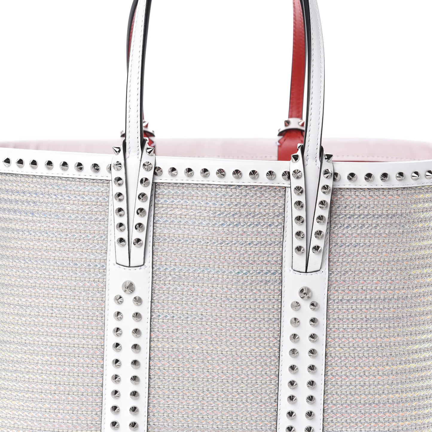 Calfskin Metallic Straw Spikes East West Cabata Tote White