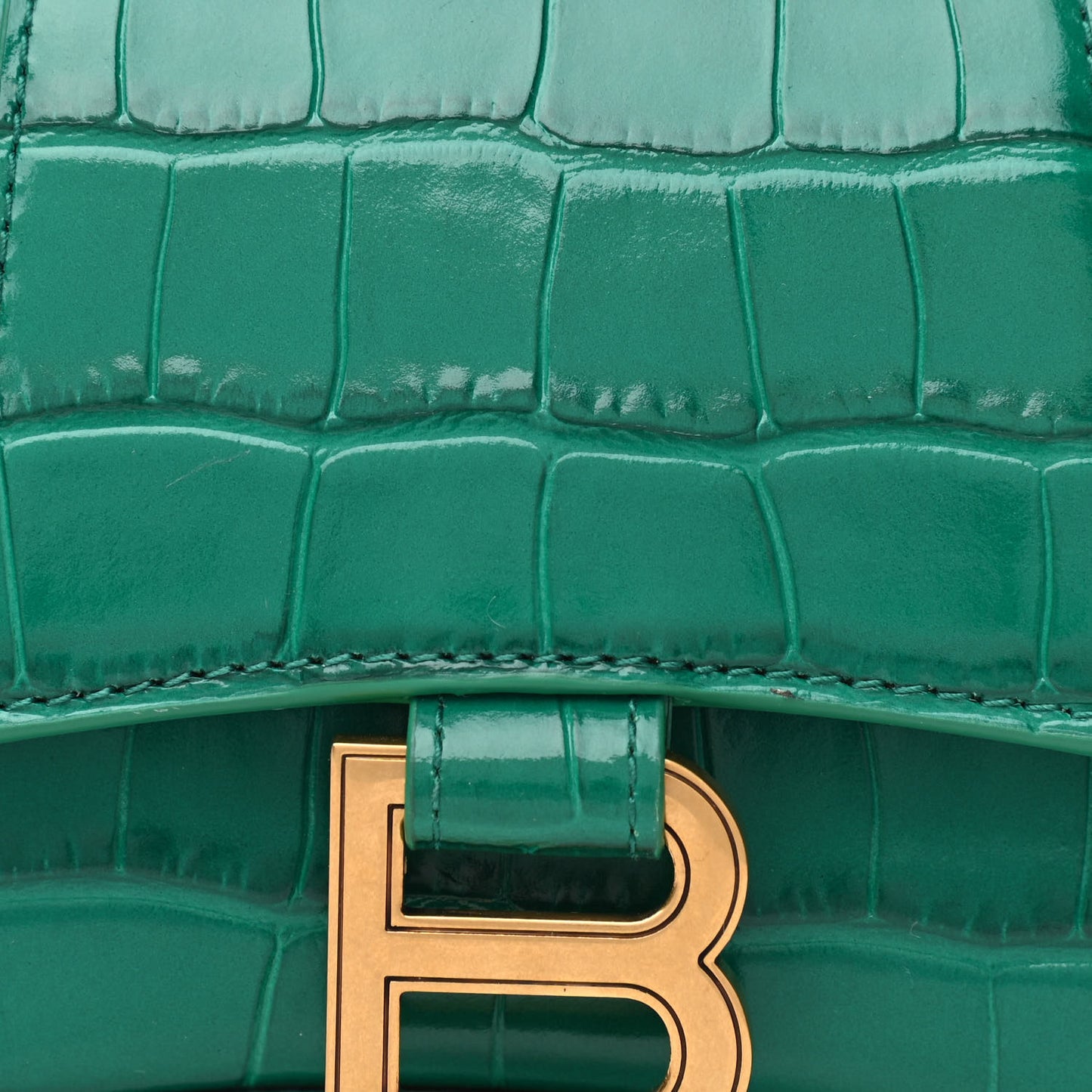 Shiny Calfskin Crocodile Embossed Hourglass Top Handle Bag XS Jade