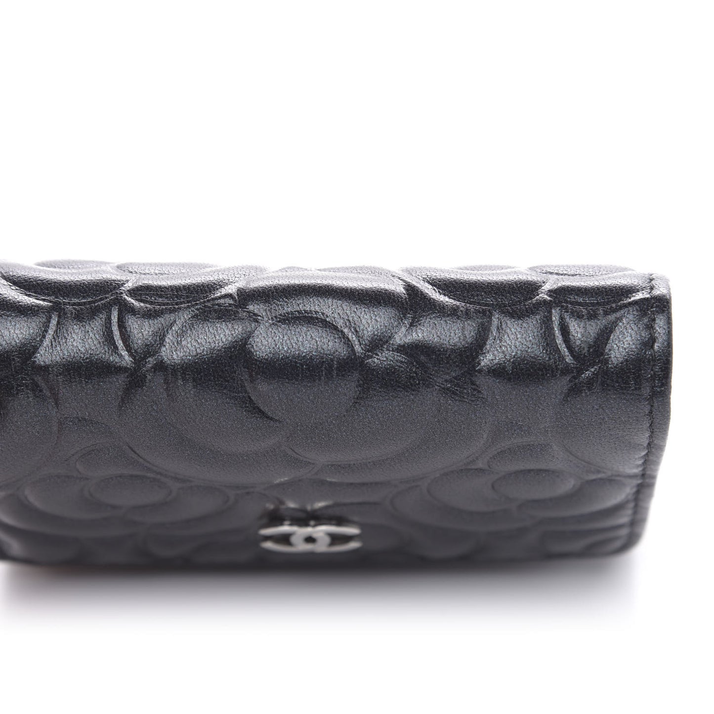 Goatskin Camellia Embossed Compact Wallet Black