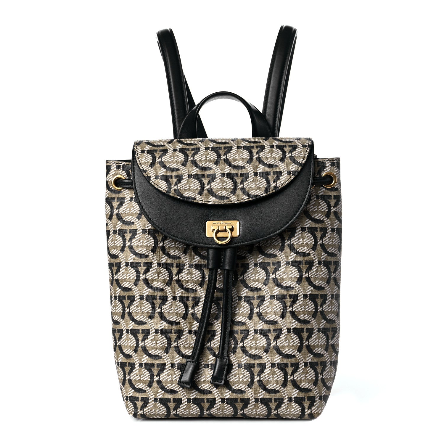 Salvatore Ferragamo Canvas Calfskin Gancini Backpack Black Beige 1 of 8