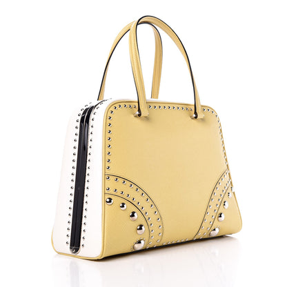 Prada Saffiano Studded Pyramid Bag Polline White 3 of 11