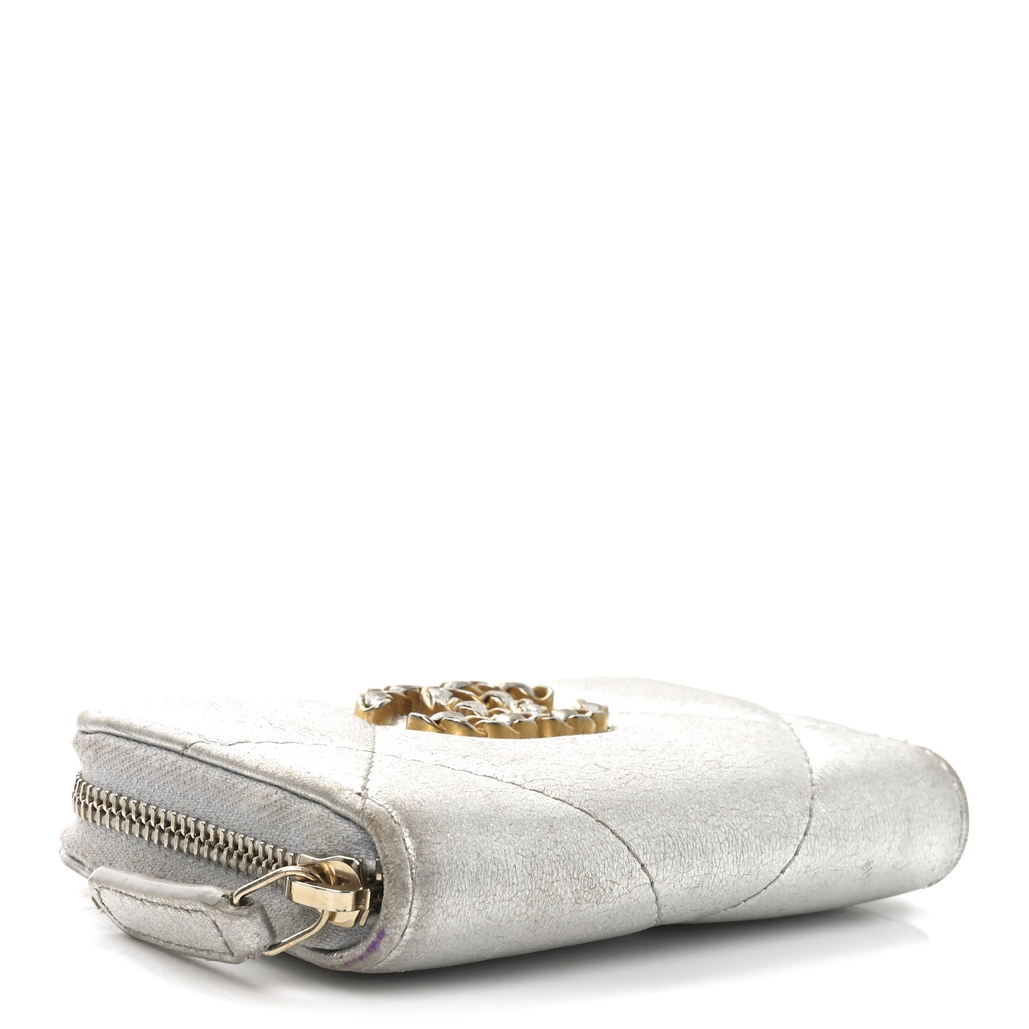 Chanel Metallic Lambskin Quilted Chanel 19 Zip Around Coin Purse Wallet Silver 4 of 10