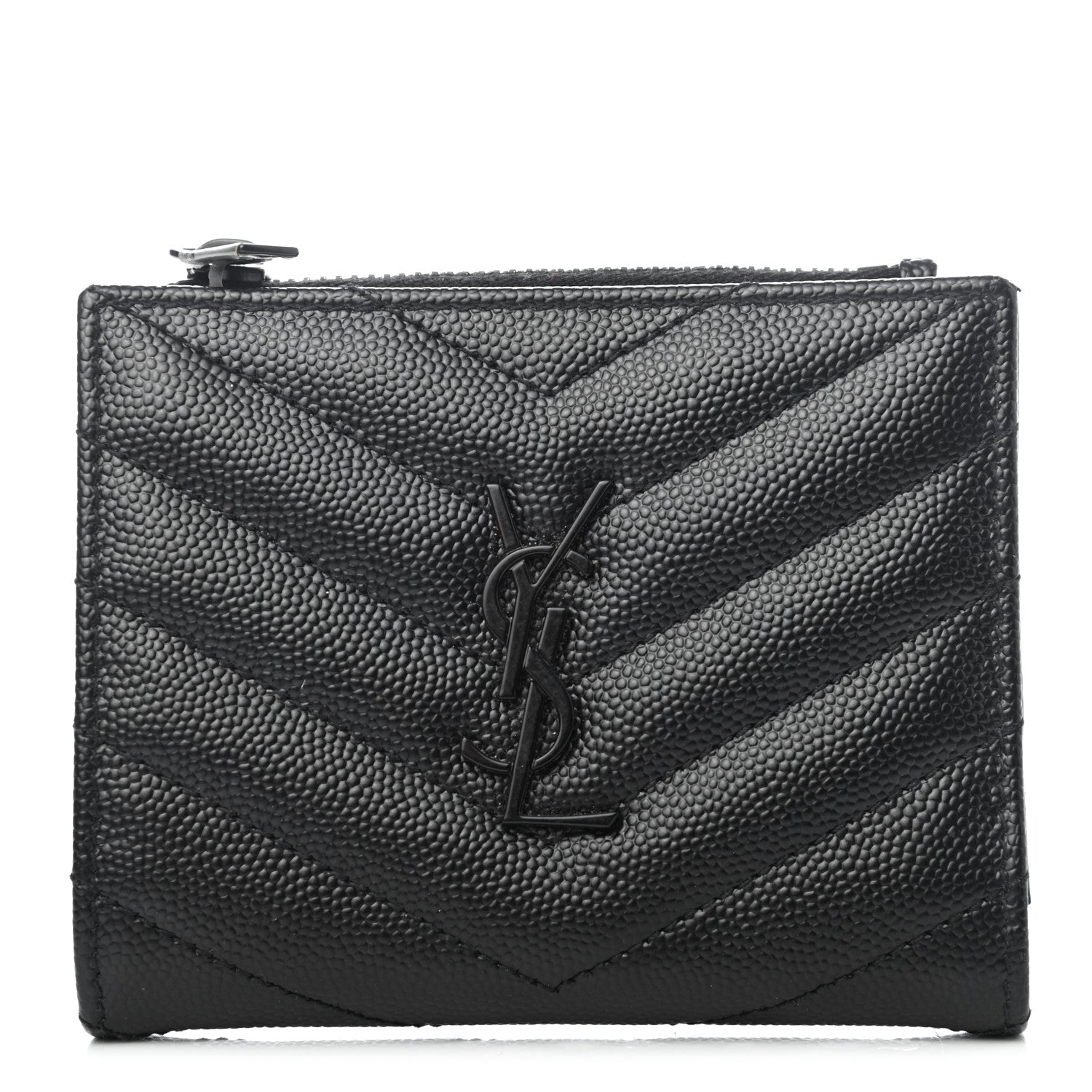 Saint Laurent Grain De Poudre Matelasse Chevron Monogram Zipped Card Case Black 1 of 4