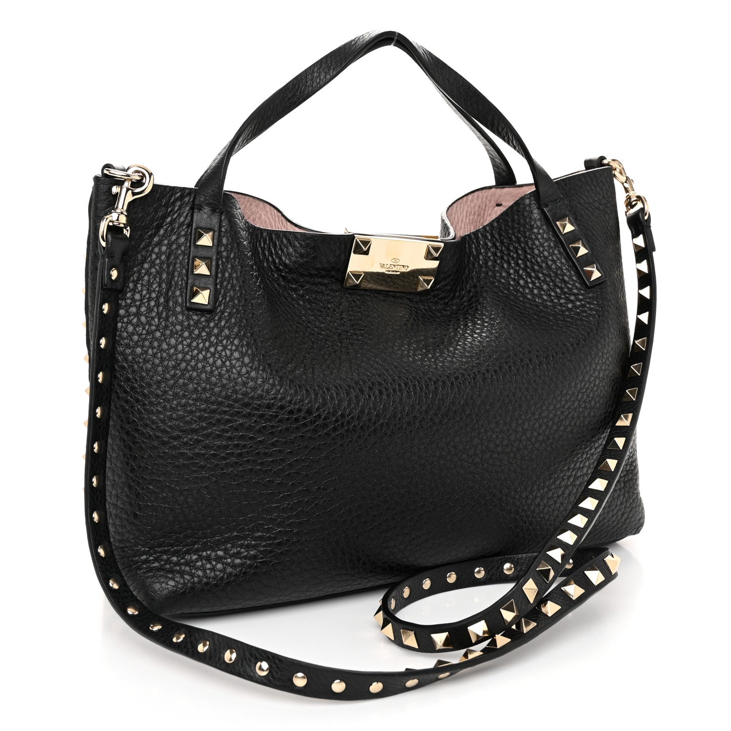 Grained Calfskin Small Rockstud Flip Lock Tote Black Rose Quartz