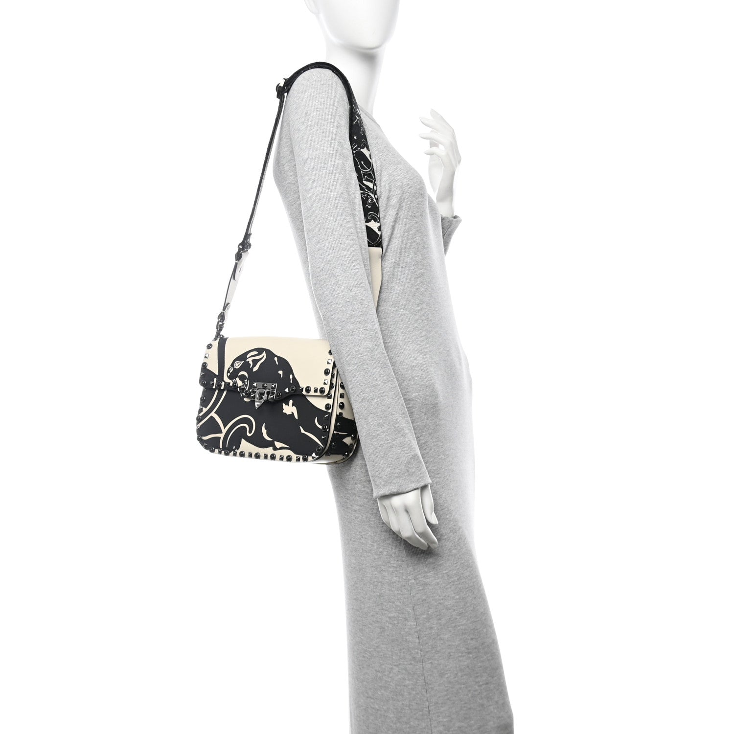 Valentino Garavani Calfskin Panther Medium Guitar Strap Rockstud Rolling Flap Saddle Bag Light Ivory Black 2 of 10