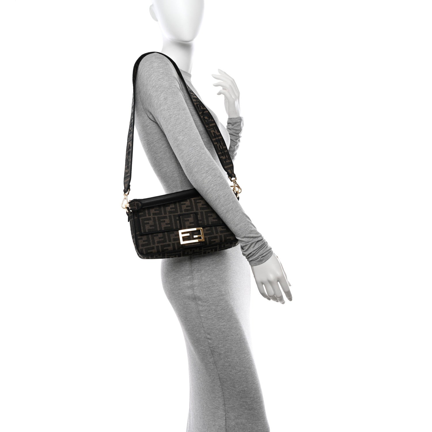 Fendi Fabric Jacquard FF 1974 Medium Baguette Tobacco Moro Black 2 of 12