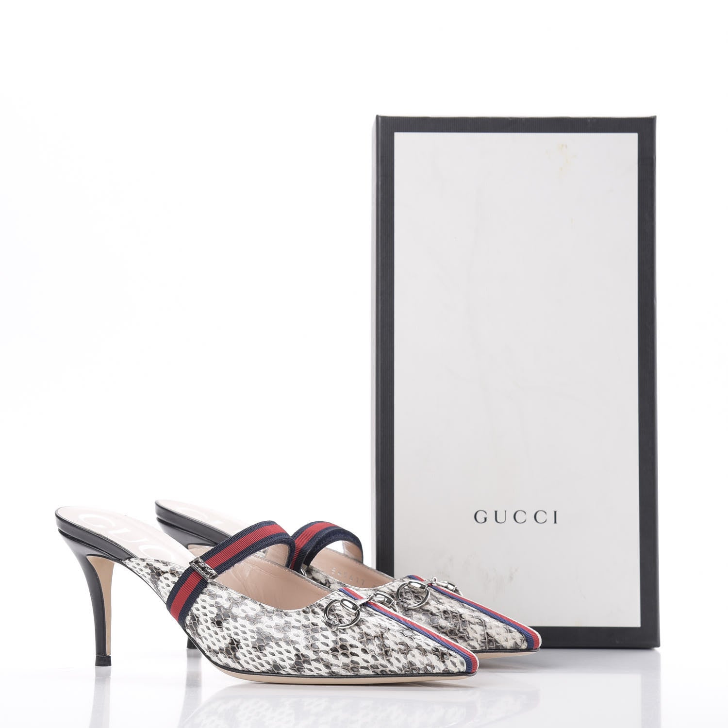 Gucci Elaphe Snakeskin Sylvie Web Cross Strap Mid-Heel Slides 38.5 New Roccia 10 of 10