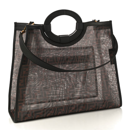 Fendi Mesh Vitello Century Cuoio FF 1974 Medium Runaway Shopper Tote Marrone Black Ebano 3 of 12