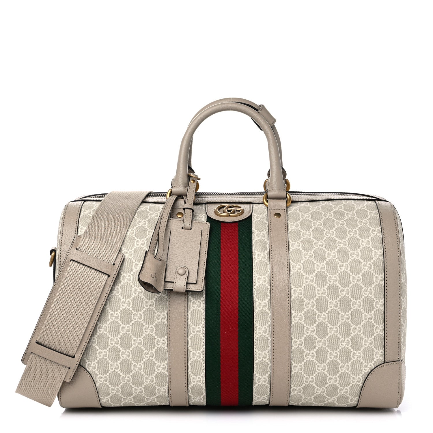 Gucci GG Supreme Monogram Textured Dollar Calfskin Web Medium Savoy Duffle Bag Beige Mystic White Oatmeal 1 of 8