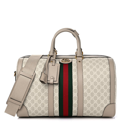 Gucci GG Supreme Monogram Textured Dollar Calfskin Web Medium Savoy Duffle Bag Beige Mystic White Oatmeal 1 of 8