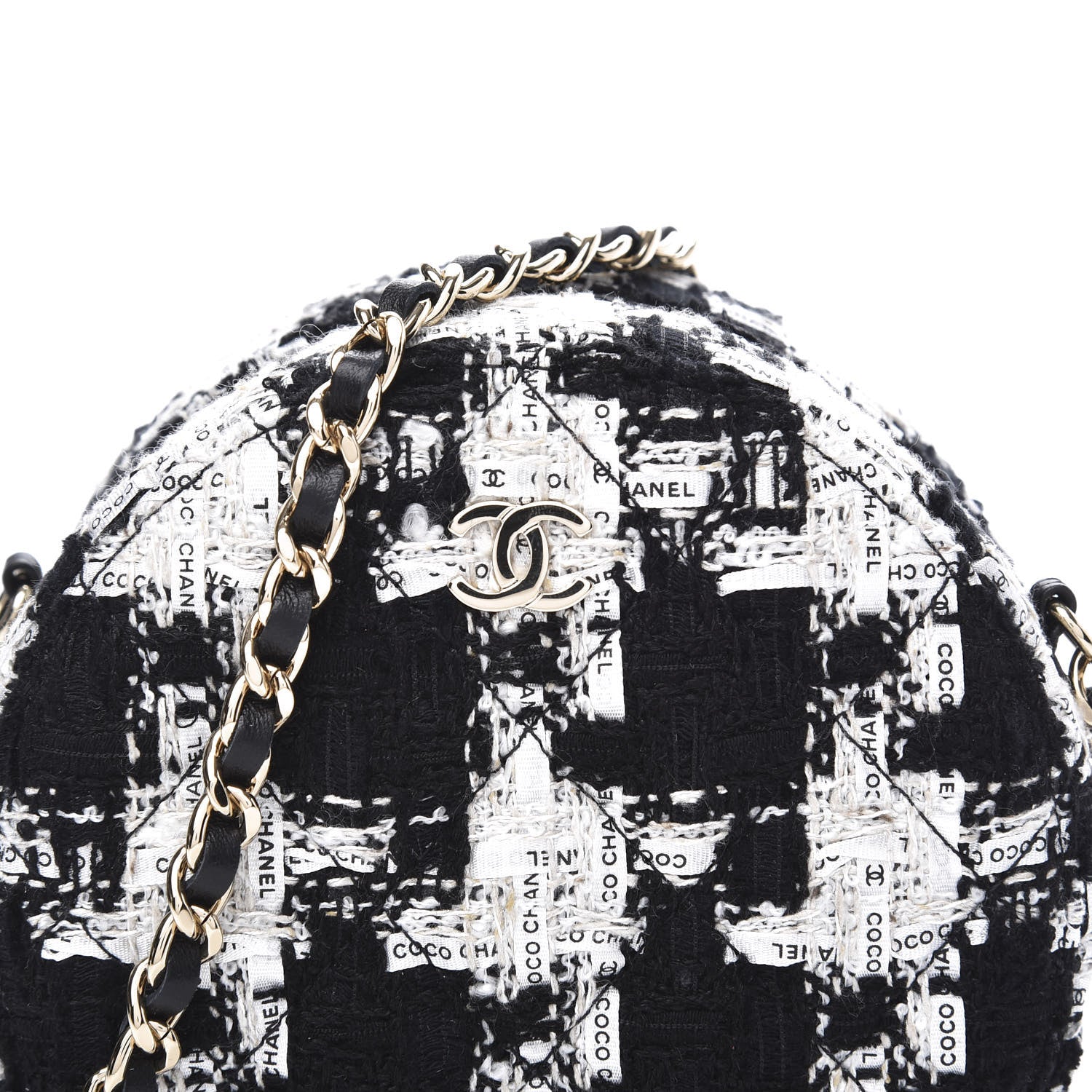 Chanel Tweed Quilted Round Clutch With Chain Black Ecru White 9 of 9