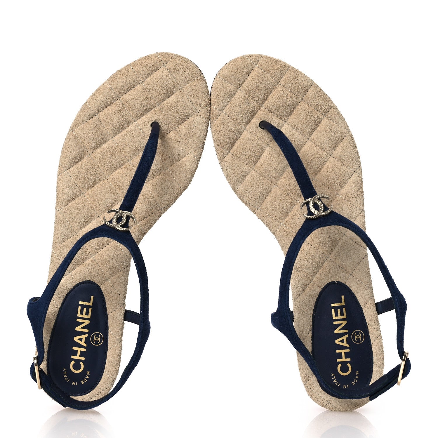 Chanel Suede Crystal CC Thong Sandals 39.5 Navy 2 of 13