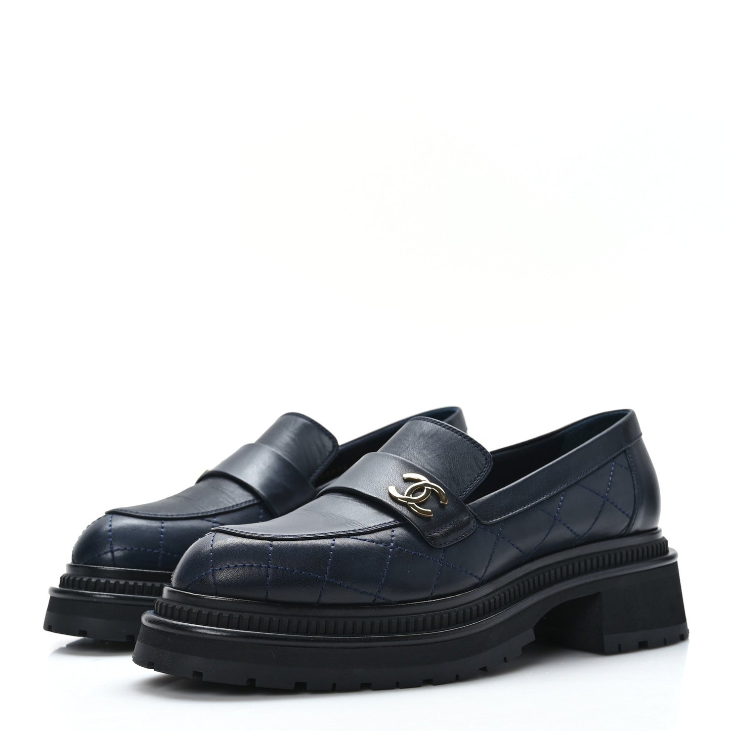 Calfskin Quilted CC Mocassin Loafers 39 Navy Blue