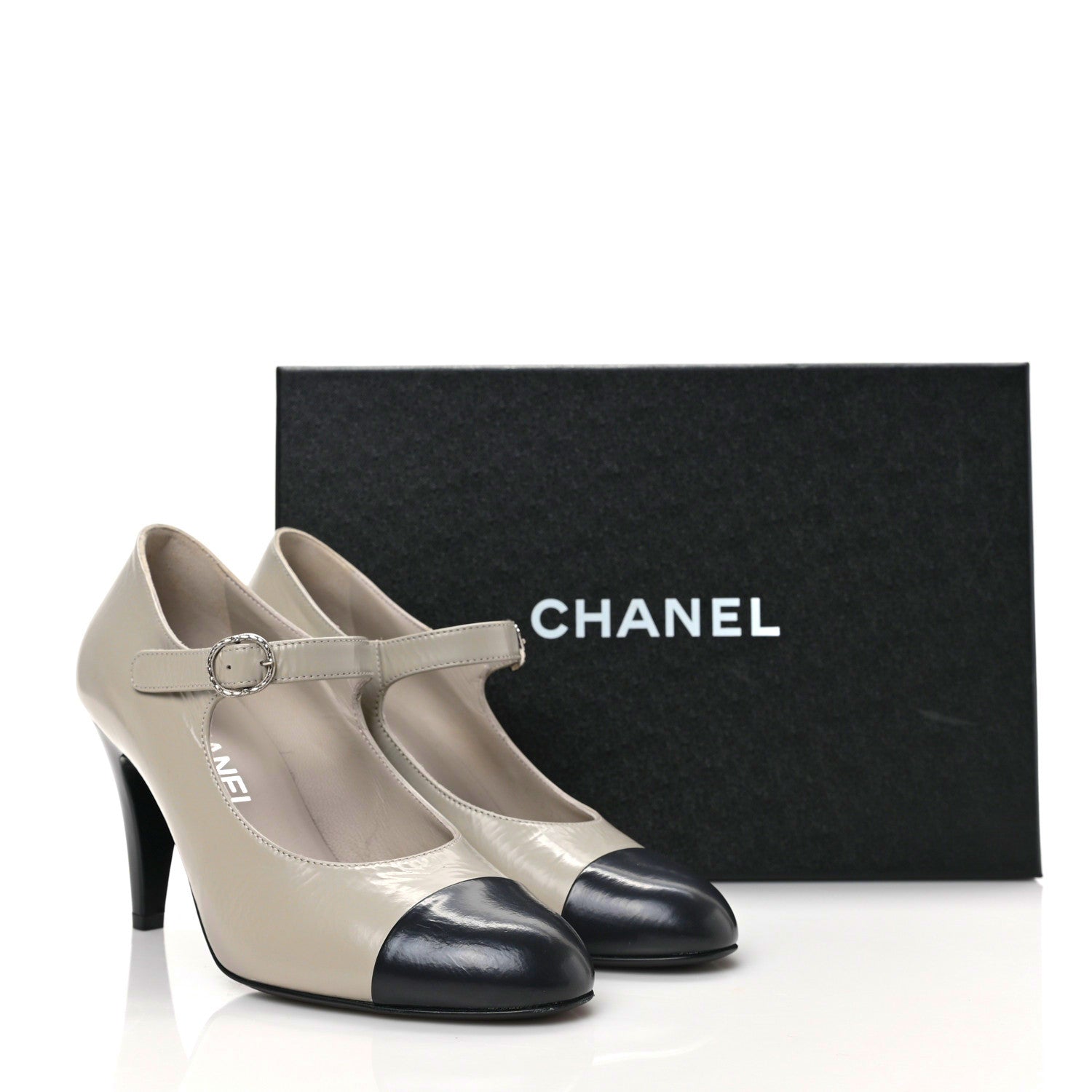 Chanel Shiny Goatskin Cap Toe Mary Jane Pumps 37.5 Black Dark Grey 8 of 8