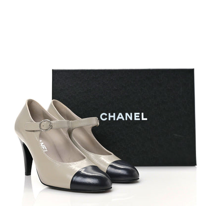 Chanel Shiny Goatskin Cap Toe Mary Jane Pumps 37.5 Black Dark Grey 8 of 8