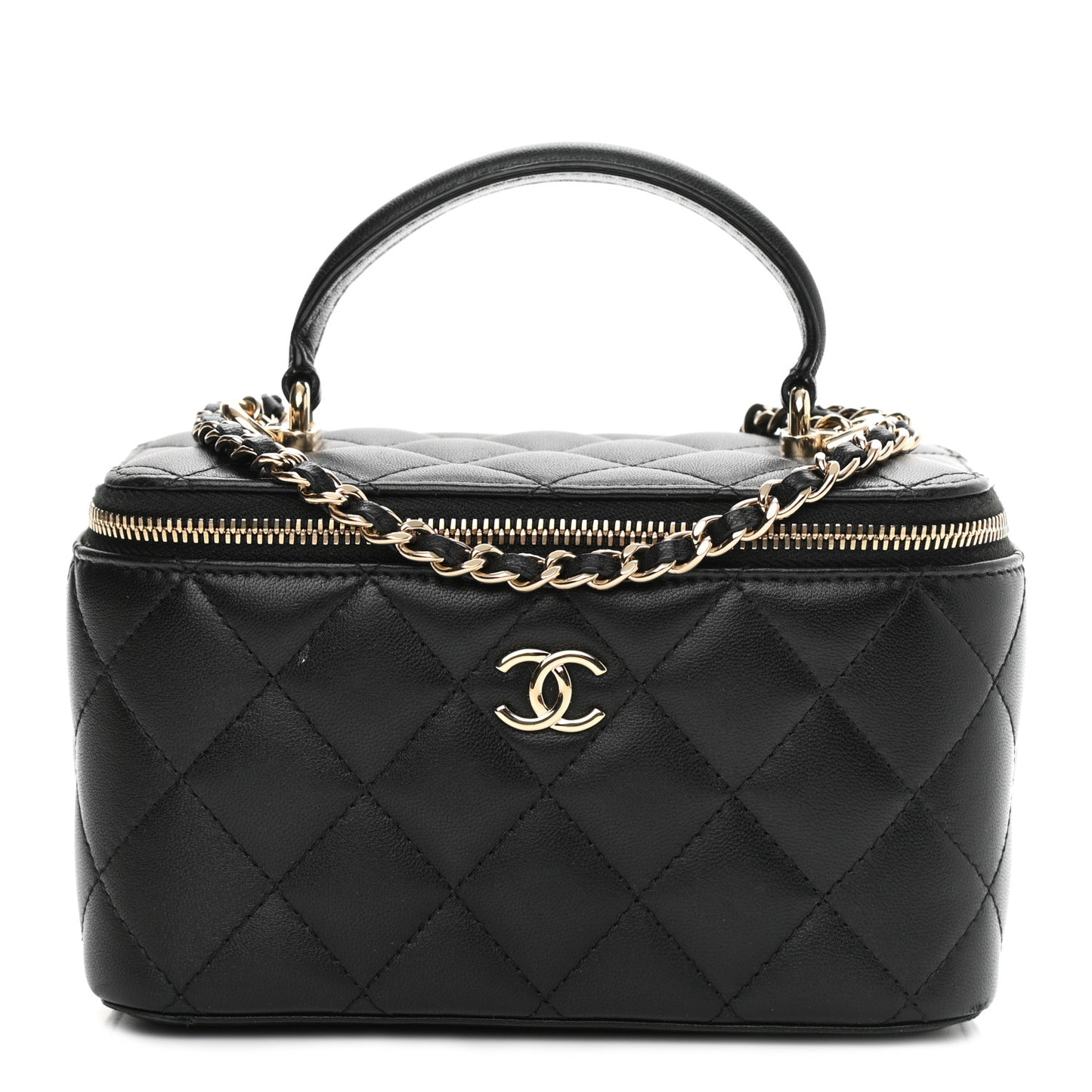 Lambskin Quilted Small Top Handle Vanity Case With Chain Black