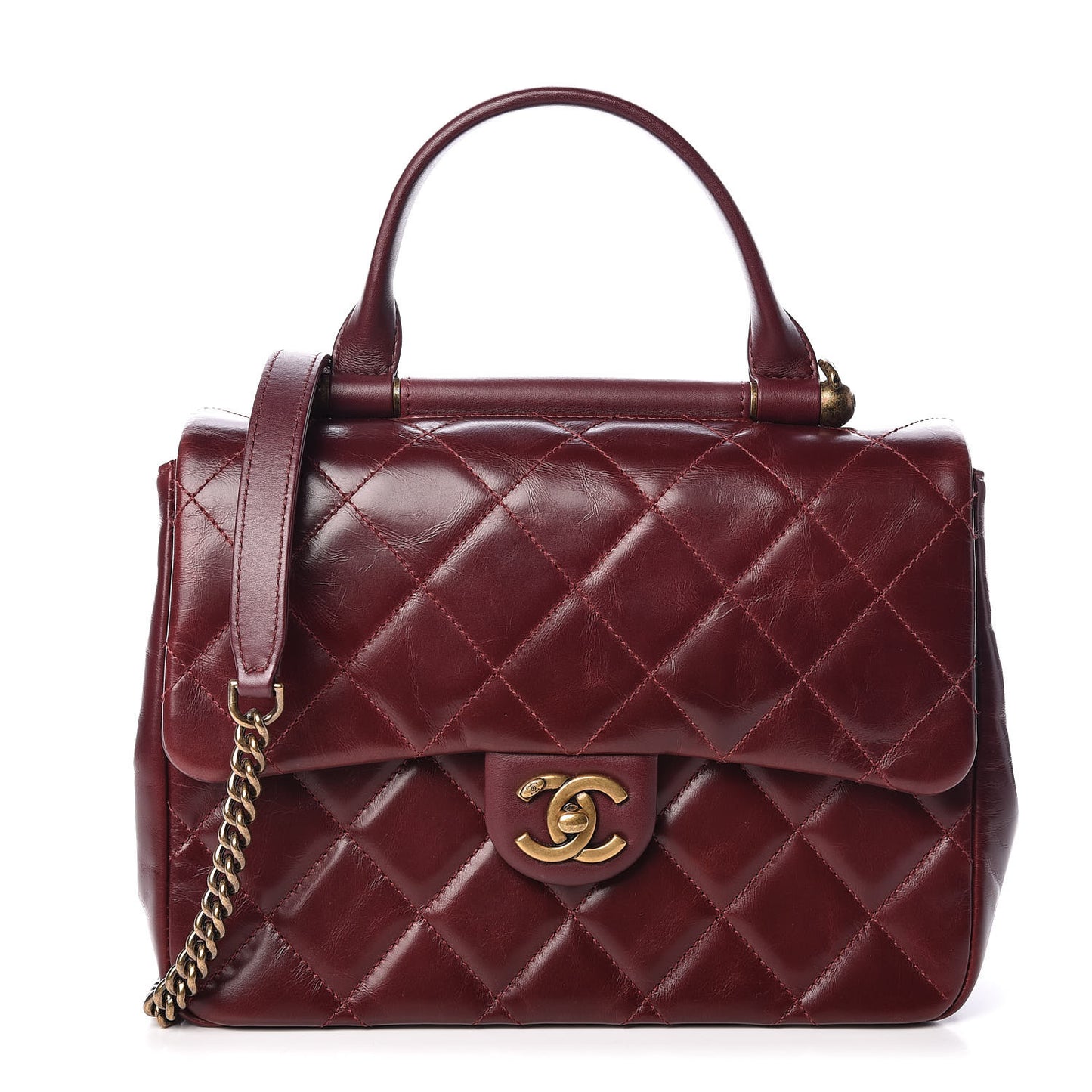 Calfskin Quilted Medium Gold Bar Top Handle Flap Burgundy