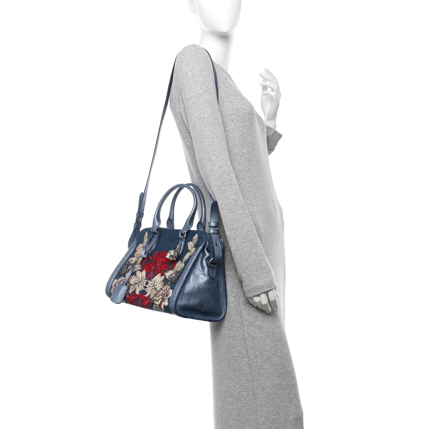 Alexander McQueen Denim Floral Embroidered Small Skull Padlock Zip Around Tote Blue Multicolor 2 of 10