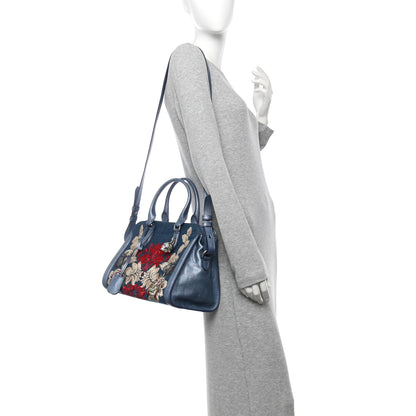 Alexander McQueen Denim Floral Embroidered Small Skull Padlock Zip Around Tote Blue Multicolor 2 of 10