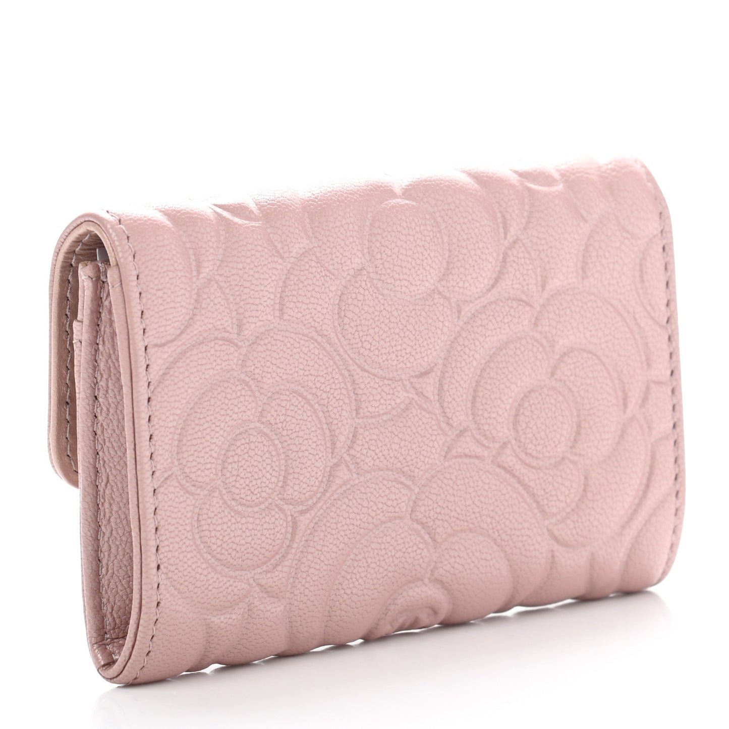 Goatskin Camellia Embossed Card Holder Wallet Light Pink
