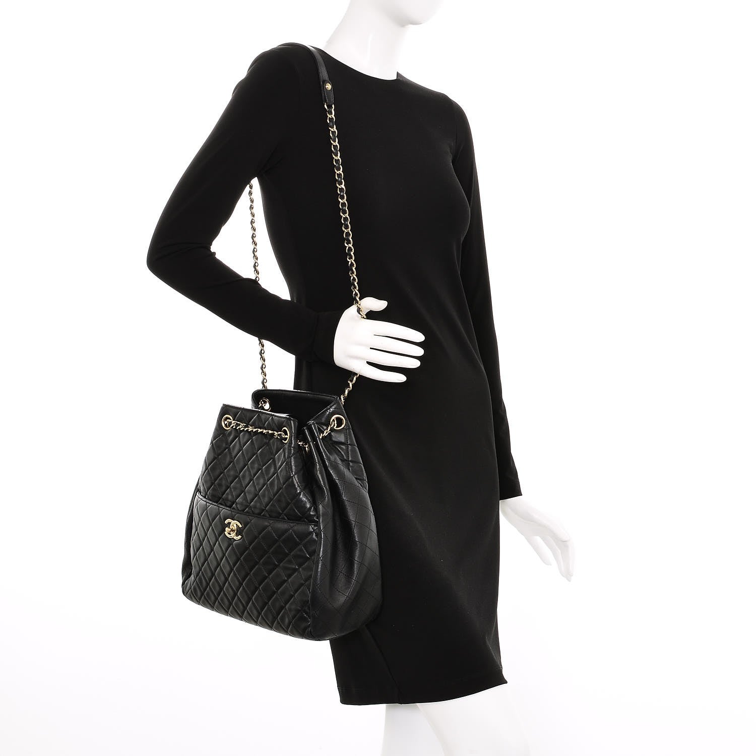 Chanel Lambskin Quilted Large Drawstring Bag Black 2 of 9